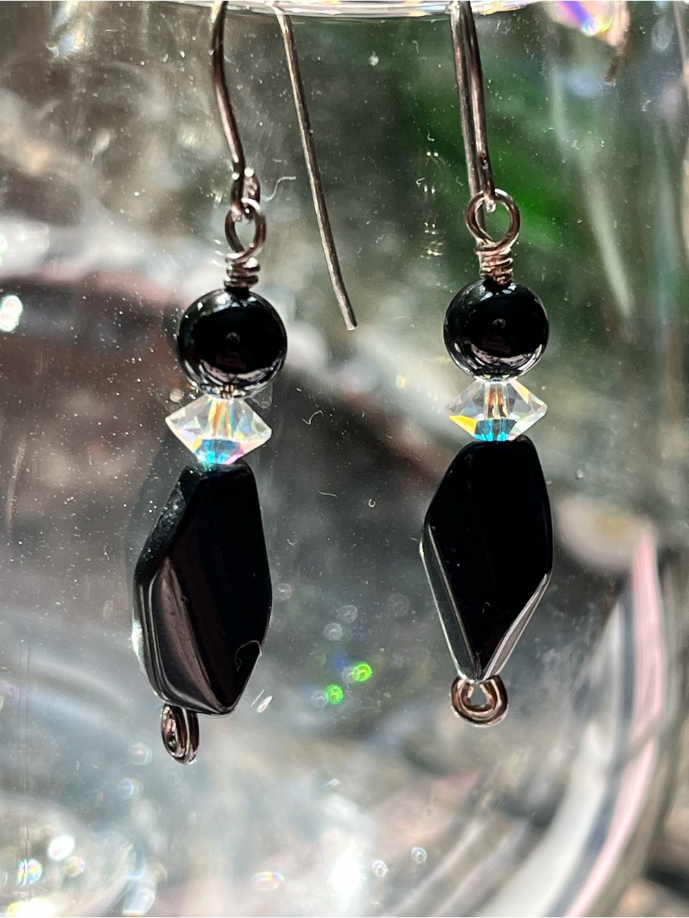 NWOT Handmade Black Onyx & Swarovski Crystal Dangle Earrings | Sterling Silver